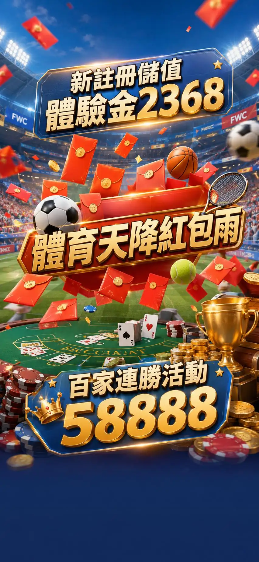 新註冊儲值體驗金2368，體育天降紅包雨，百家連勝活動58888